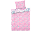 Parure de lit rose avec motif feuilles de palmier et texte.