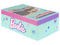 Une boîte de rangement rose et bleue avec le logo et l'image de Barbie.