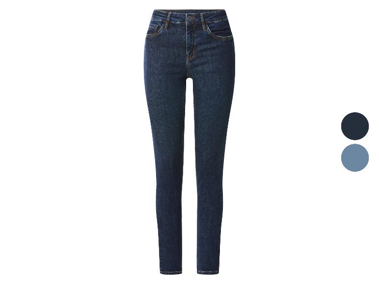 Jean slim femme bleu foncé taille haute avec deux échantillons de couleur.