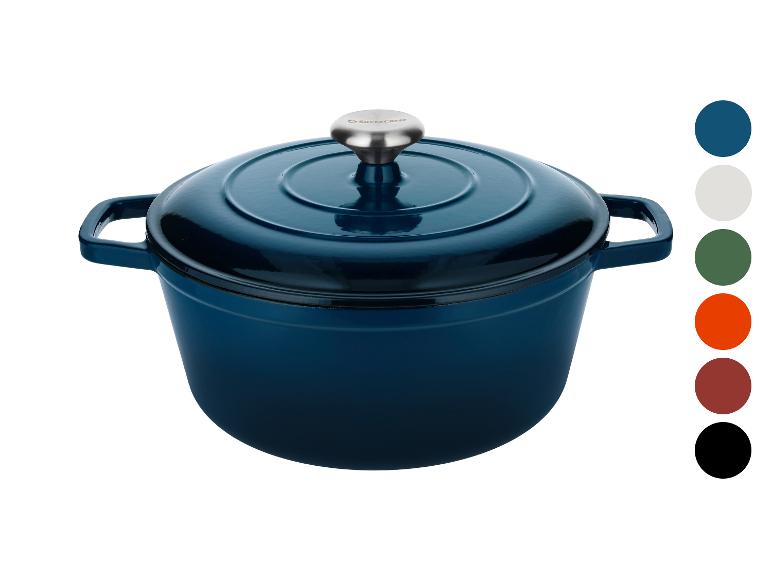 Marmite en fonte bleue avec couvercle et échantillons de couleurs