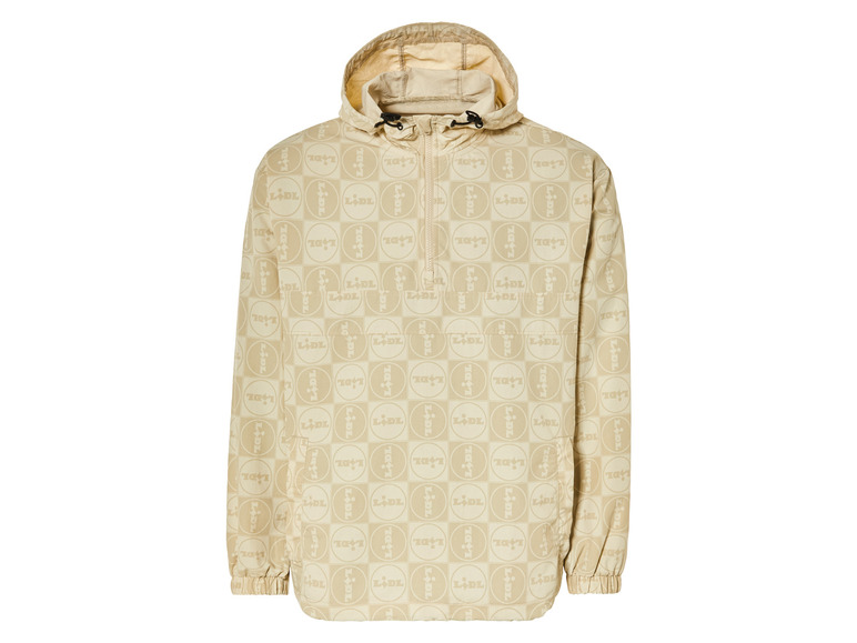 Veste beige à capuche avec un imprimé intégral du logo Lidl.
