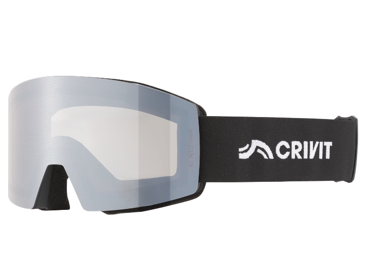 Masque de ski gris avec sangle noire et logo blanc.
