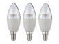Trois ampoules LED de forme bougie blanches avec douille E14.