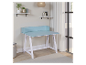 Bureau bleu pastel et blanc avec tablette intégrée, style minimaliste.