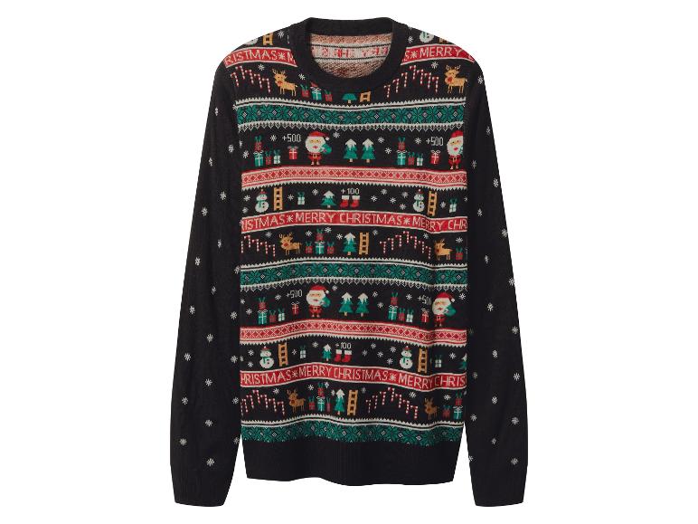 Pull de Noël noir avec motifs festifs et texte