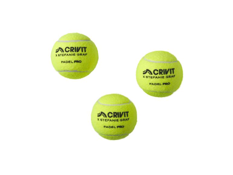 Trois balles de padel jaunes avec le texte 'X STEFANIE GRAF PADEL PRO'.