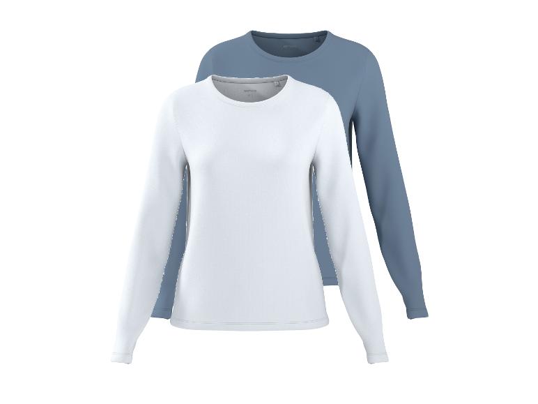 Deux t-shirts unis à manches longues pour femmes, un blanc et un bleu.