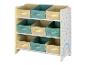 Un étagère de rangement en bois avec 9 paniers, avec un design arc-en-ciel et des pois.