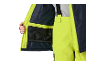 Veste de ski et pantalon de ski jaune fluo avec bretelles, doublure intérieure noire.