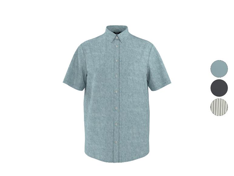 Chemise en lin bleu à manches courtes boutonnée, avec options de couleur et de motif.