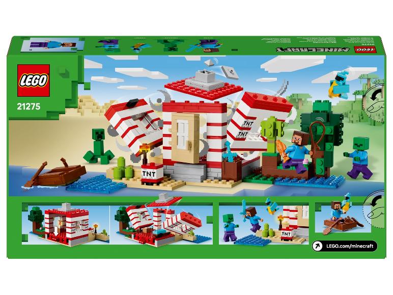 Ensemble de jeu Minecraft avec maison, bateau, figurines et accessoires, montrant diverses scènes.