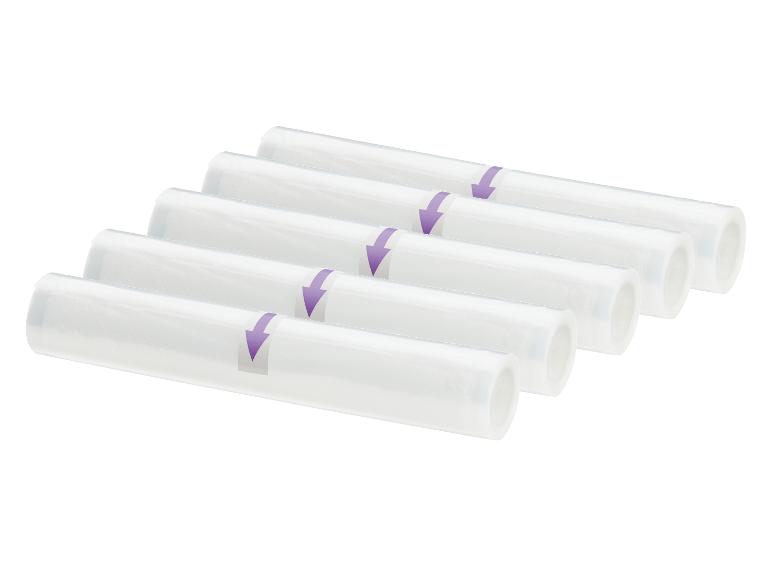Six rouleaux de film d'emballage sous vide avec des flèches violettes.