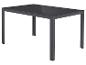 Table de jardin rectangulaire avec plateau en verre gris foncé et cadre en métal.