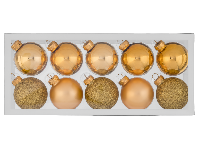 Dix boules de Noël dorées dans une boîte, cinq brillantes et cinq pailletées.