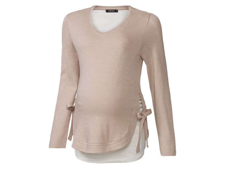 Pull de grossesse beige à manches longues avec des nœuds.