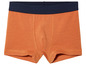Un boxer orange avec une bande de taille bleue.