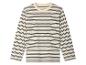 Pull à rayures beige et bleu marine à manches longues.