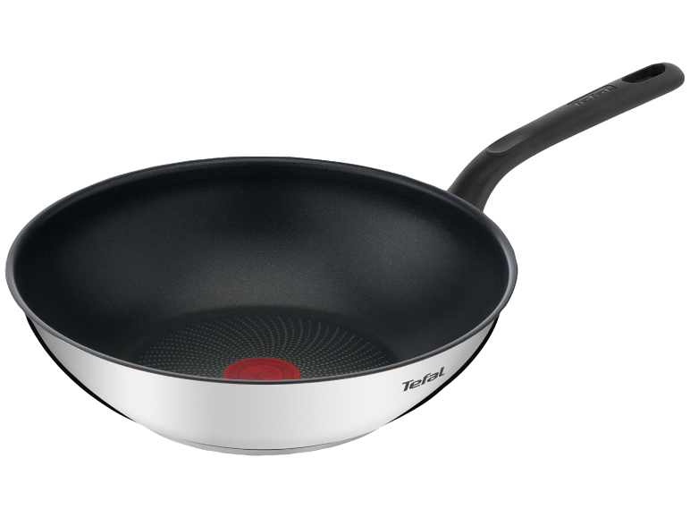 Wok avec revêtement antiadhésif et poignée ergonomique.