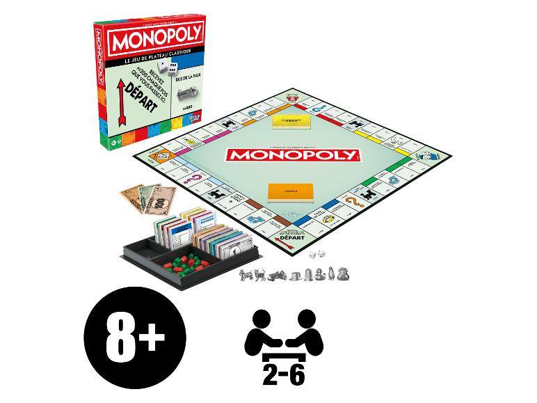 Jeu de société classique Monopoly avec plateau, pions, argent et cartes, plus âge et nombre de joueurs.