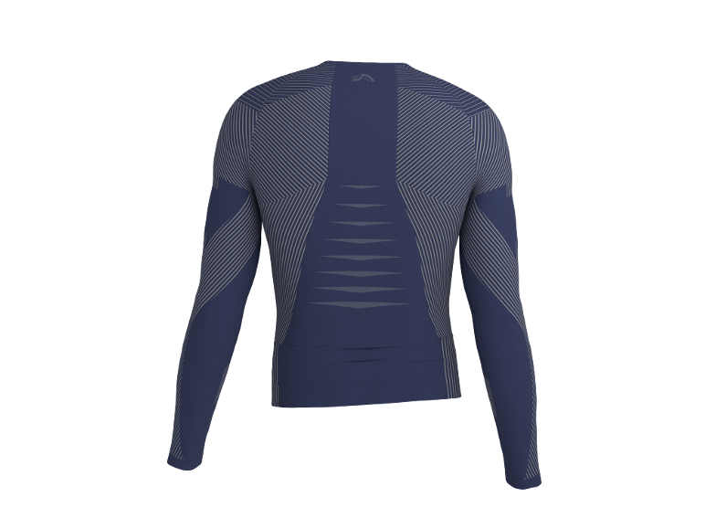 T-shirt à manches longues bleu foncé avec un motif géométrique de rayures claires.