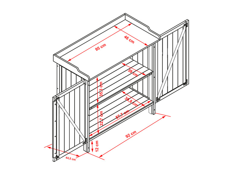 Une table de jardin en bois avec une armoire et un plan de travail.