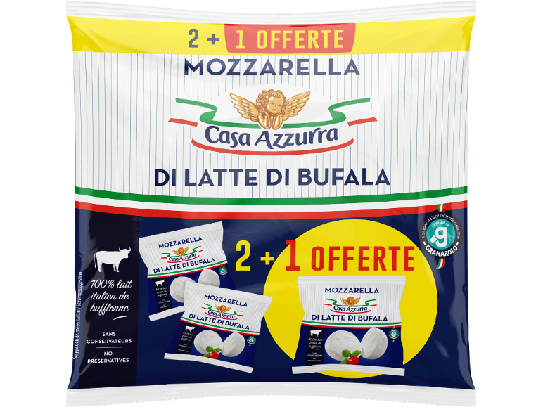 Paquet de mozzarella au lait de bufflonne avec offre 2+1, sans conservateurs.
