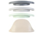 Quatre assises de chaise différentes en gris, blanc, vert clair et beige.