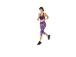 Femme courant en brassière de sport violette et legging capri imprimé camouflage.