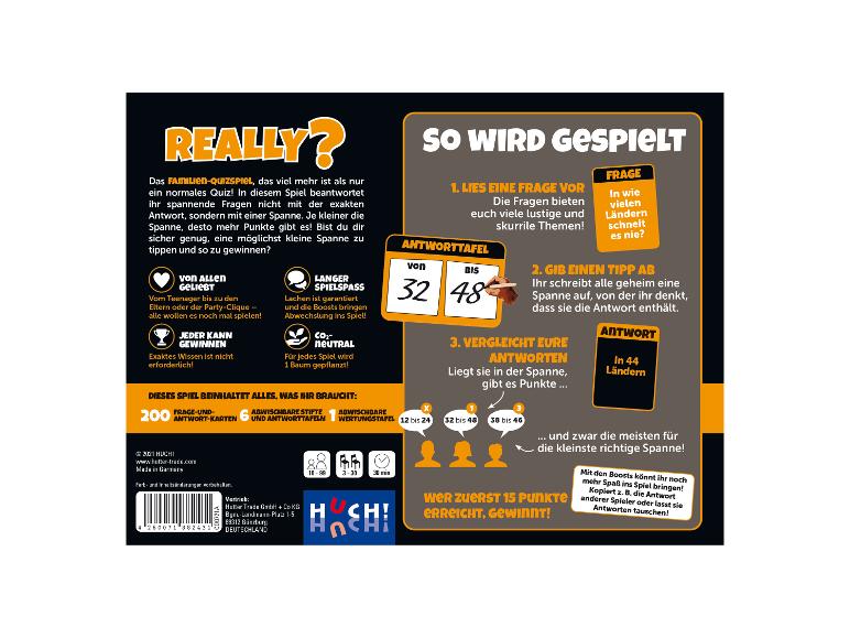 Jeu de quiz familial Really?: questions, cartes réponse,  score.  Marque Huch!
