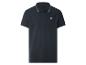 Polo homme bleu marine avec col et poignets rayés bleu clair.