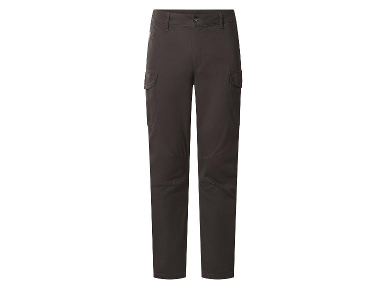 Pantalon cargo marron foncé avec poches latérales et genoux renforcés.