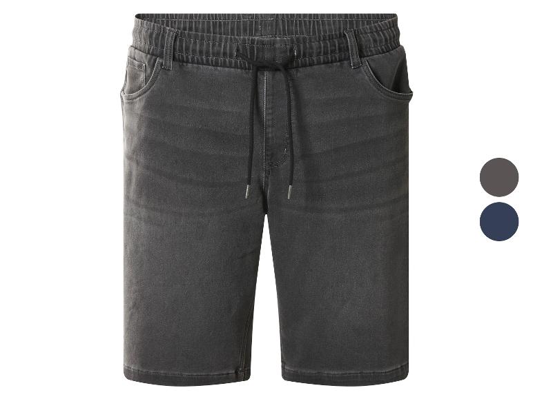 Short en jean homme avec taille élastique et cordon de serrage, disponible en gris et bleu.