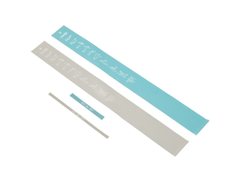 Deux bandes de résistance bleues et une grise Crivit pour les exercices.