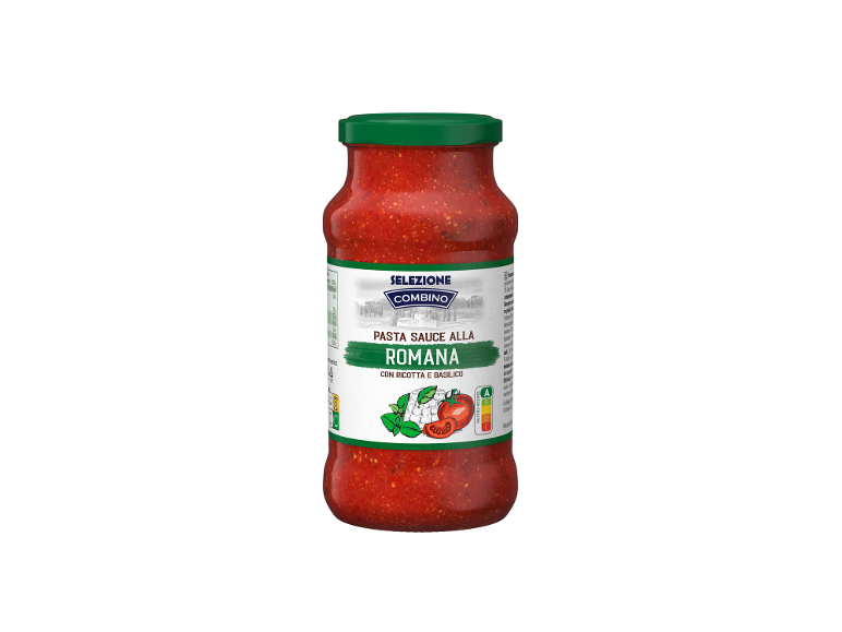 Bocal de sauce tomate, sauce pâtes Romana à la ricotta et au basilic.