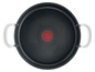 Une casserole noire avec des poignées blanches et un logo Tefal rouge.