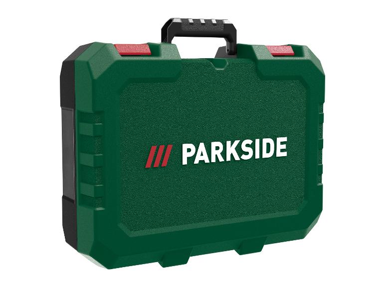 Mallette à outils verte Parkside avec poignée noire et fermoirs rouges.