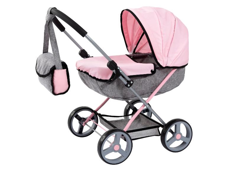 Poussette de poupée rose et grise avec sac assorti.