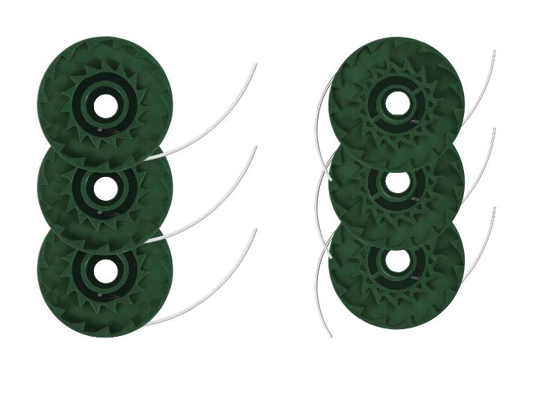 Six bobines de coupe-bordures vertes avec fil de coupe blanc, disposées en deux piles verticales.