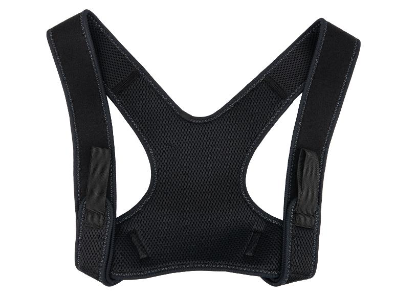Correcteur de posture noir avec panneau dorsal en maille et sangles réglables.