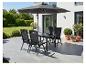 Ensemble de mobilier de jardin avec table noire, quatre chaises et parasol sur la terrasse.