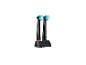 Deux têtes de brosse à dents électriques noires avec des poils bleus et blancs dans un support.