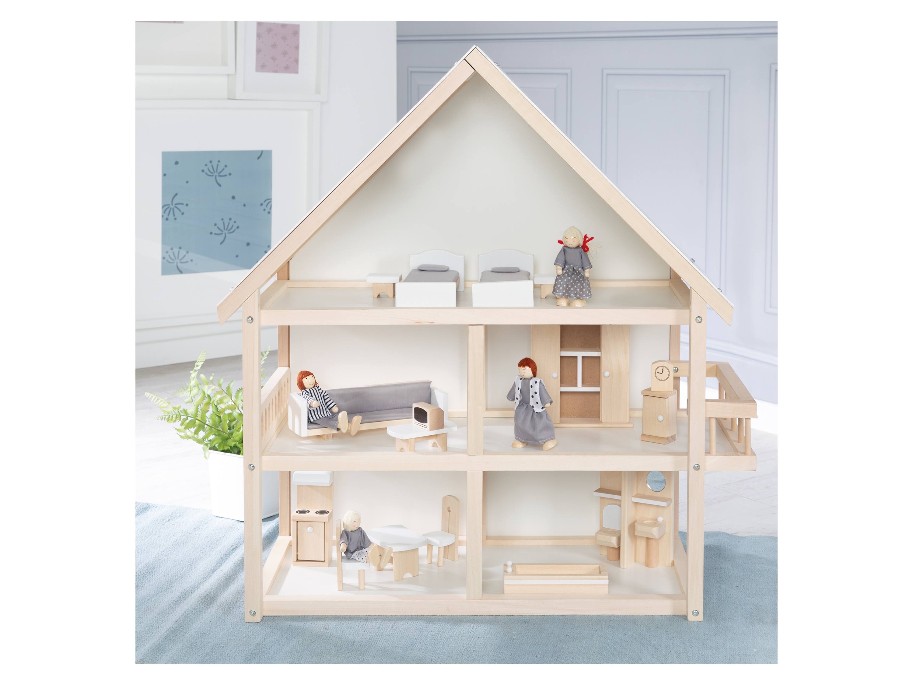 Roba Maison de poupée en bois - 3 étages avec 16 pièces de mobilier et 4 poupées - Naturel / Blanc / Beige - vue 4