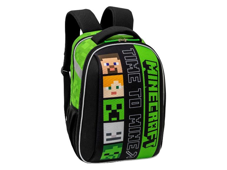 Sac à dos vert et noir avec des personnages de jeu vidéo et le texte 'TIME TO MINE'.