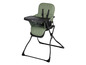 Une chaise haute verte Bebe Confort avec un plateau noir.