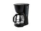 Cafetière filtre noire avec verseuse en verre et indicateur de niveau d'eau.