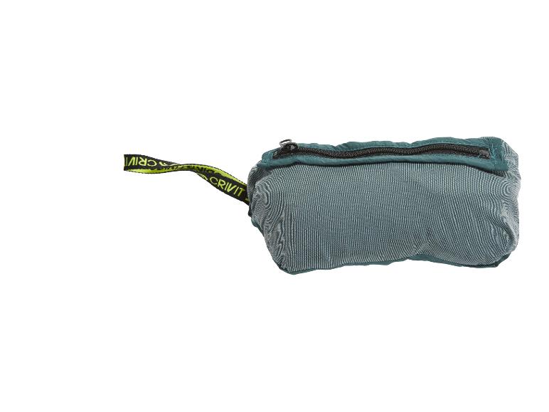 Sac banane vert avec fermeture éclair et sangle avec texte.