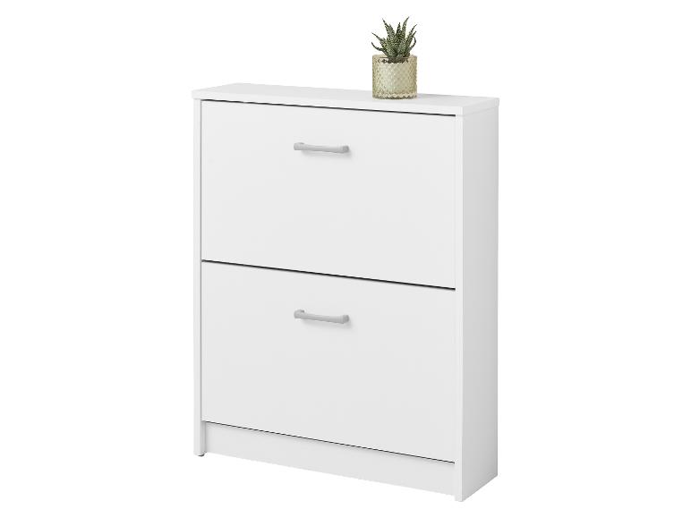 Meuble à chaussures blanc avec deux tiroirs et une petite plante sur le dessus.