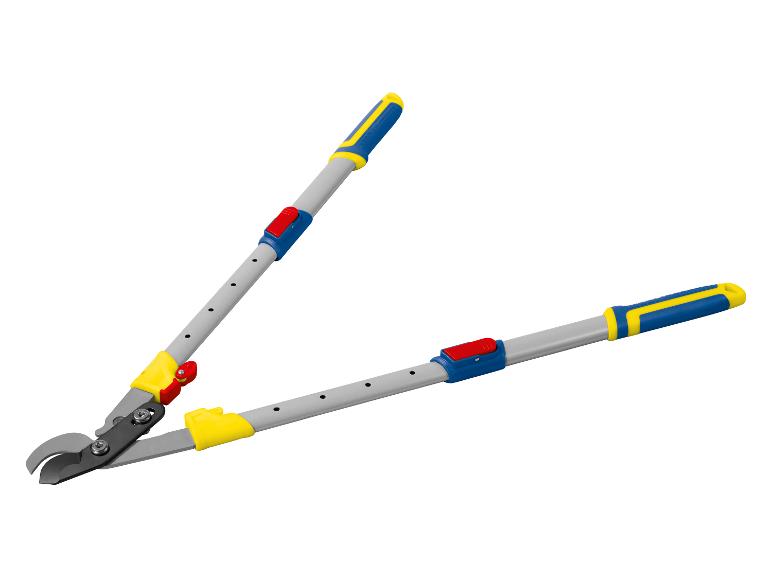 Sécateur de jardin télescopique en bleu, jaune et rouge.