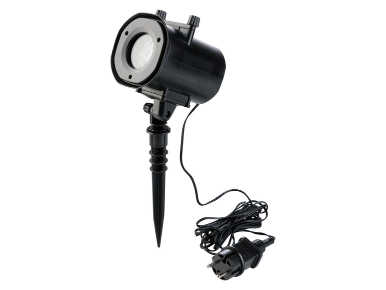 Un projecteur noir avec une prise pour l'éclairage extérieur.