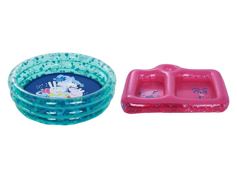 Piscines gonflables Peppa Pig : un modèle rond et un autre rectangulaire à deux compartiments.